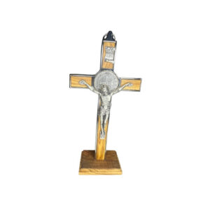 CRUCIFIJO SAN BENITO PLATA MADERA CON PIE